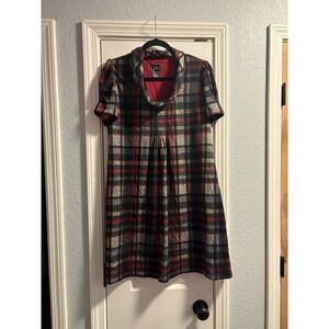 JH Collectibles Plaid Dress Womens Large Red Grey Cowl Neck Puff Sleeve Shift